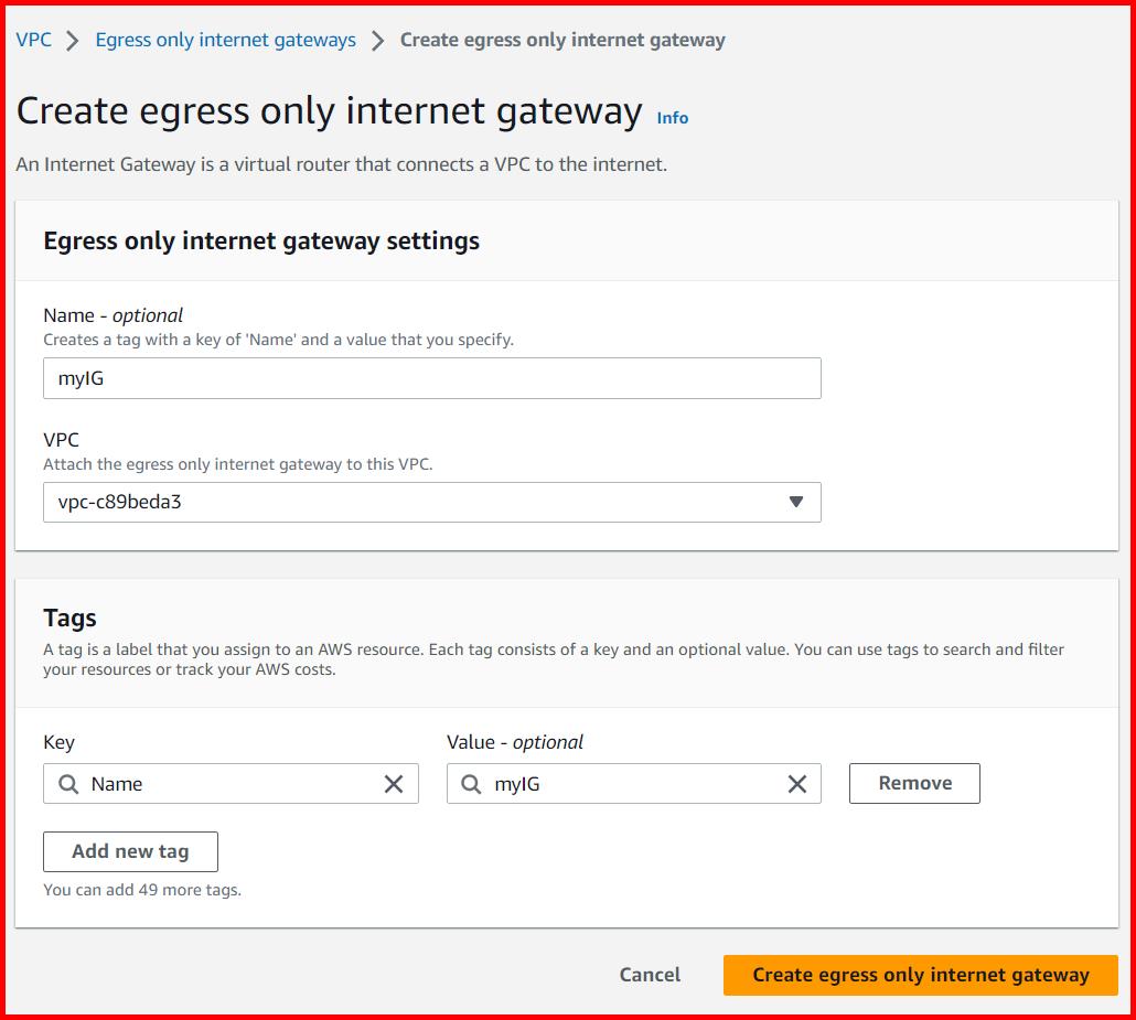 Picture showing the Create egress only internet gateway screen for creating the new internet gateway